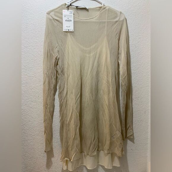 Zara Long Sleeve Sheer cream  Dress size M - Picture 1 of 7